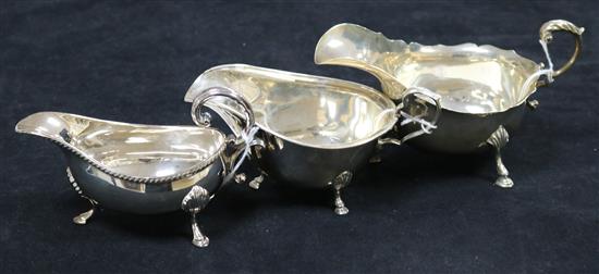 Three silver sauce boats, various, 11.3oz